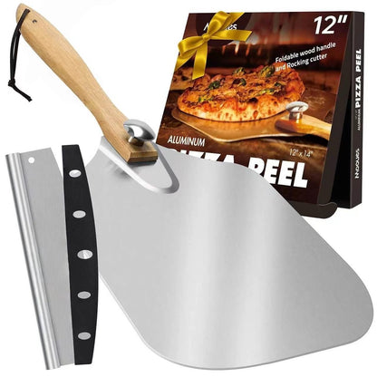 Pizza Peel Aluminum Pizza Spatula, Metal Pizza Paddle with Rocker Cutter Foldable Wood Handle, Storage Bag Included, for Family Pizza Oven Baking Pizza, Dough, Bread & Pastry - Morrowden