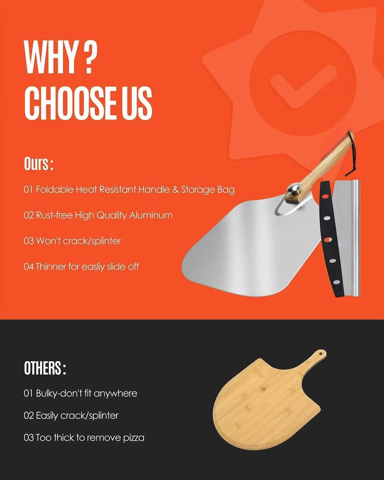 Pizza Peel Aluminum Pizza Spatula, Metal Pizza Paddle with Rocker Cutter Foldable Wood Handle, Storage Bag Included, for Family Pizza Oven Baking Pizza, Dough, Bread & Pastry - Morrowden