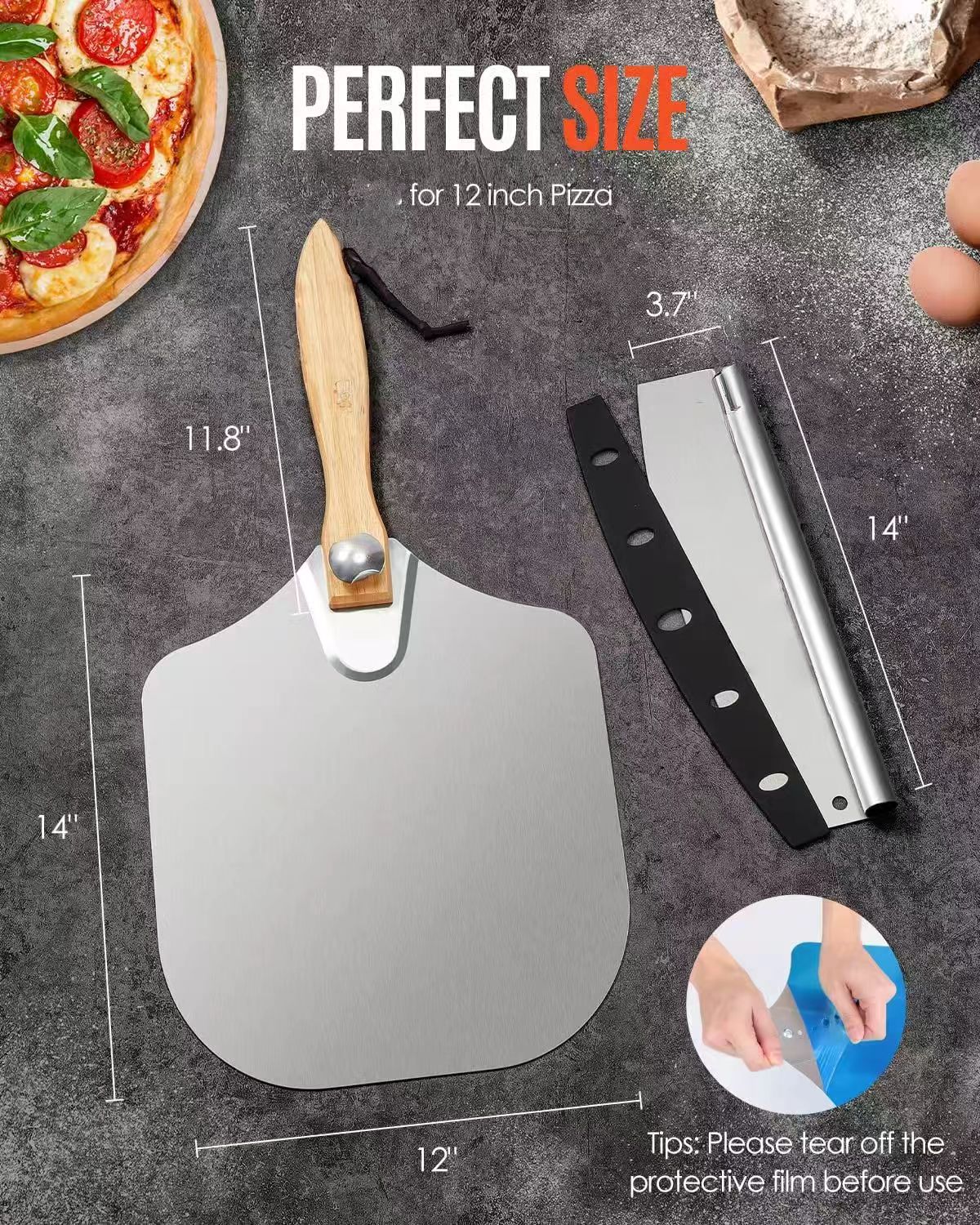 Pizza Peel Aluminum Pizza Spatula, Metal Pizza Paddle with Rocker Cutter Foldable Wood Handle, Storage Bag Included, for Family Pizza Oven Baking Pizza, Dough, Bread & Pastry - Morrowden