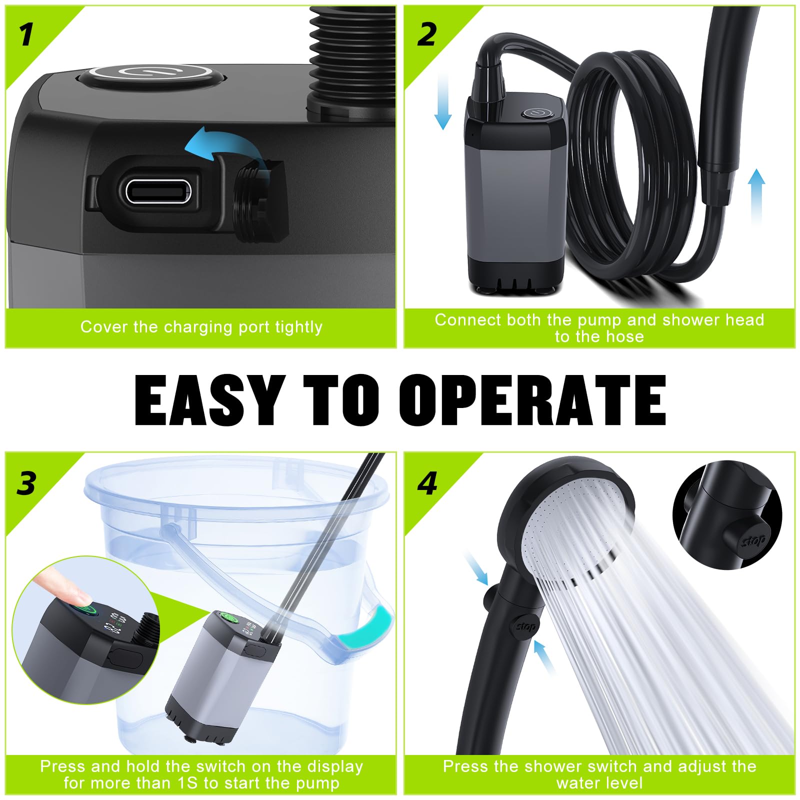 Portable Shower for Camping, [Long-Lasting] Spopal 6000mAh Rechargeable Camping Shower with Intelligent LED Display, 4 Spray Modes, IPX7 Waterproof Outdoor Camp Pump for Hiking, Travel, Car, Pet - Morrowden
