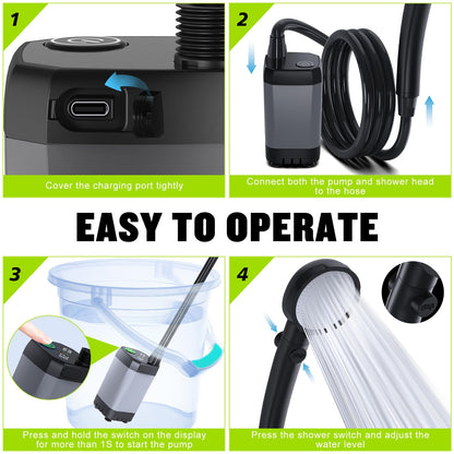 Portable Shower for Camping, [Long-Lasting] Spopal 6000mAh Rechargeable Camping Shower with Intelligent LED Display, 4 Spray Modes, IPX7 Waterproof Outdoor Camp Pump for Hiking, Travel, Car, Pet - Morrowden