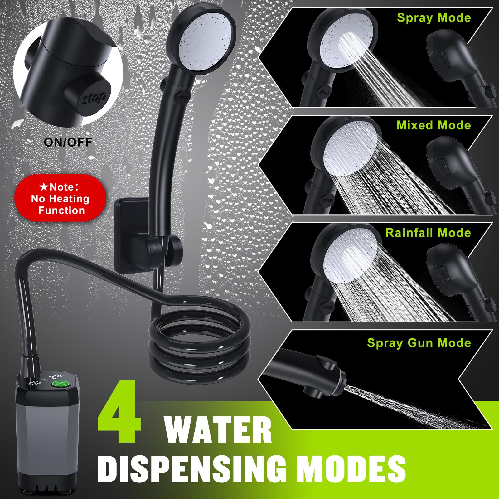 Portable Shower for Camping, [Long-Lasting] Spopal 6000mAh Rechargeable Camping Shower with Intelligent LED Display, 4 Spray Modes, IPX7 Waterproof Outdoor Camp Pump for Hiking, Travel, Car, Pet - Morrowden