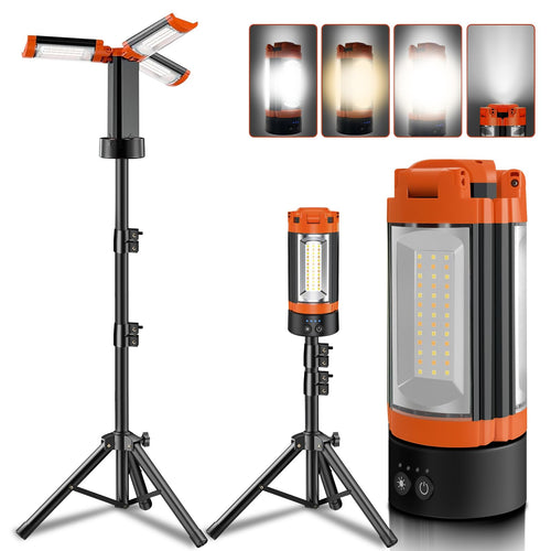 Rechargeable 12000mAh Camping Light with Adjustable Stand, Cordless Work Light with 3 LED Lamp Heads, 2200 Lumens Dimmable Magnetic Emergency Flashlight with Detachable Tripod, Orange - Morrowden