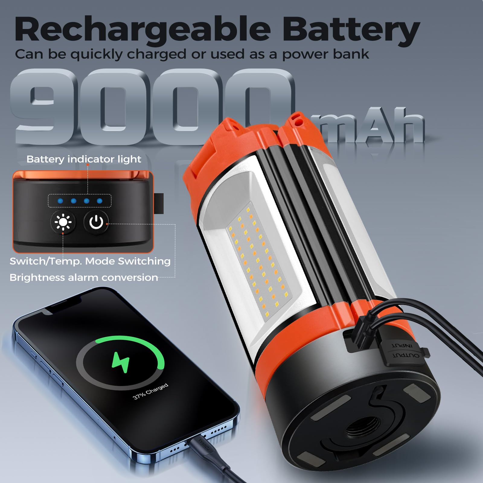 Rechargeable 12000mAh Camping Light with Adjustable Stand, Cordless Work Light with 3 LED Lamp Heads, 2200 Lumens Dimmable Magnetic Emergency Flashlight with Detachable Tripod, Orange - Morrowden