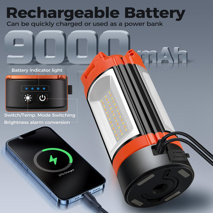 Rechargeable 12000mAh Camping Light with Adjustable Stand, Cordless Work Light with 3 LED Lamp Heads, 2200 Lumens Dimmable Magnetic Emergency Flashlight with Detachable Tripod, Orange - Morrowden