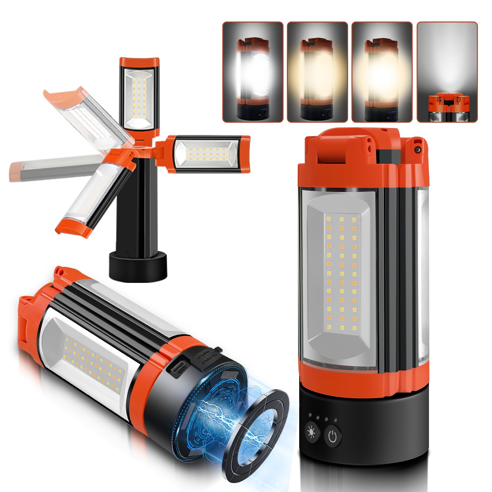 Rechargeable 12000mAh Camping Light with Adjustable Stand, Cordless Work Light with 3 LED Lamp Heads, 2200 Lumens Dimmable Magnetic Emergency Flashlight with Detachable Tripod, Orange - Morrowden