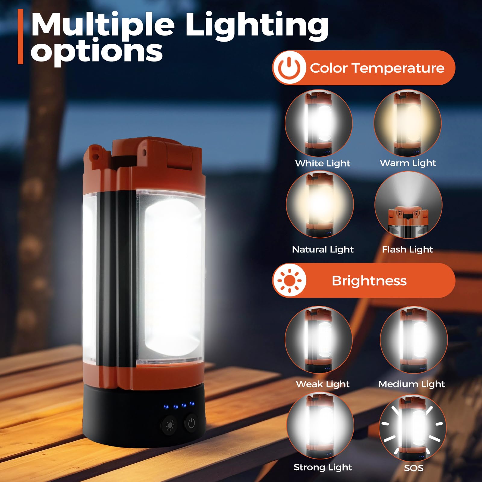 Rechargeable 12000mAh Camping Light with Adjustable Stand, Cordless Work Light with 3 LED Lamp Heads, 2200 Lumens Dimmable Magnetic Emergency Flashlight with Detachable Tripod, Orange - Morrowden