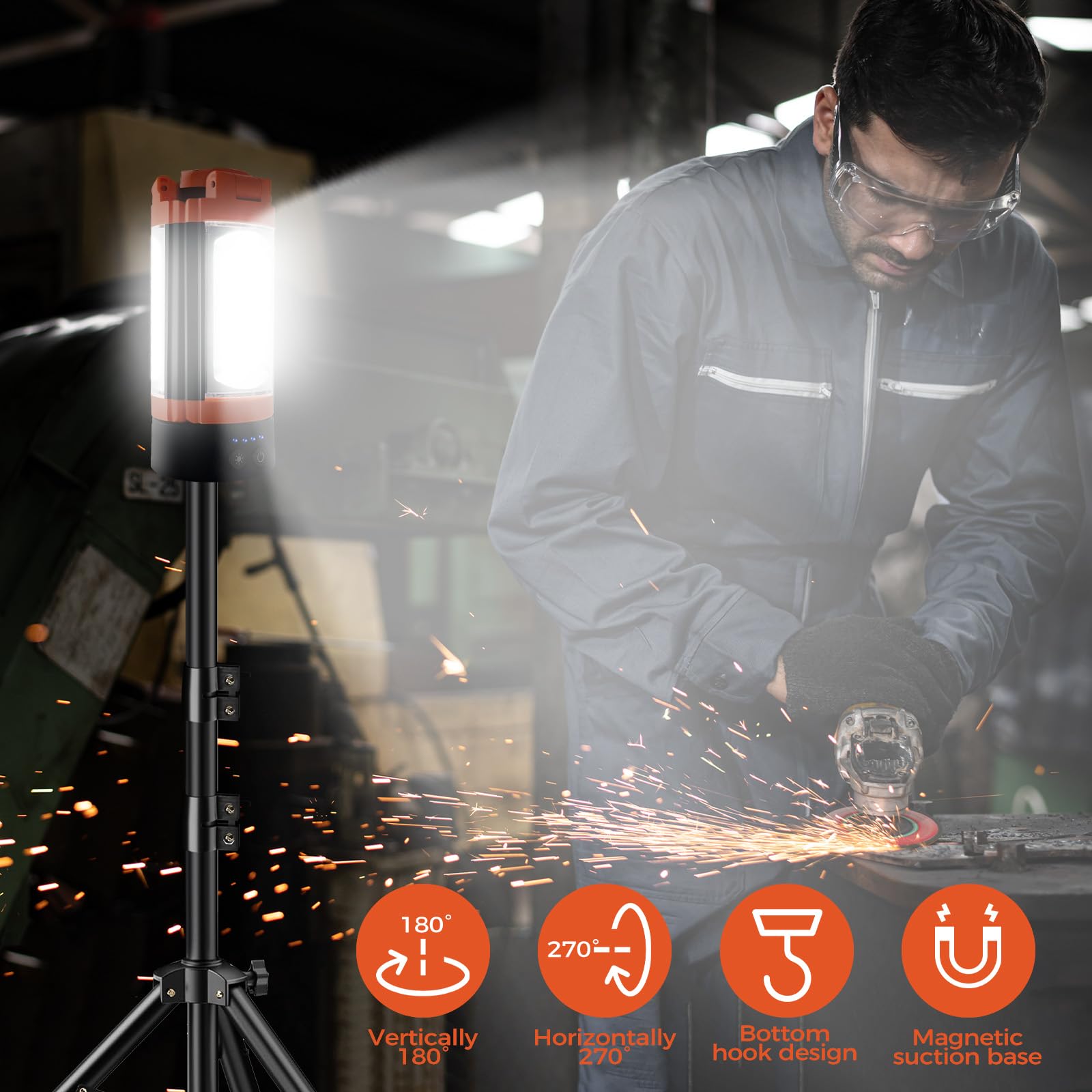 Rechargeable 12000mAh Camping Light with Adjustable Stand, Cordless Work Light with 3 LED Lamp Heads, 2200 Lumens Dimmable Magnetic Emergency Flashlight with Detachable Tripod, Orange - Morrowden