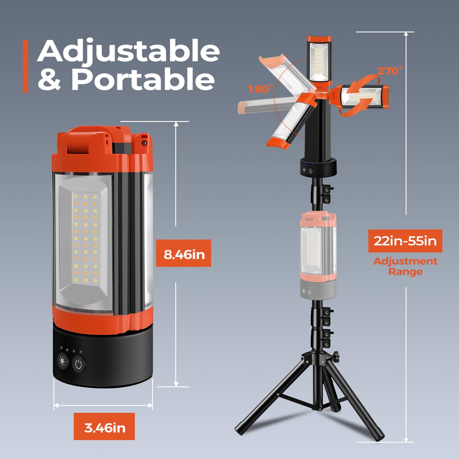 Rechargeable 12000mAh Camping Light with Adjustable Stand, Cordless Work Light with 3 LED Lamp Heads, 2200 Lumens Dimmable Magnetic Emergency Flashlight with Detachable Tripod, Orange - Morrowden