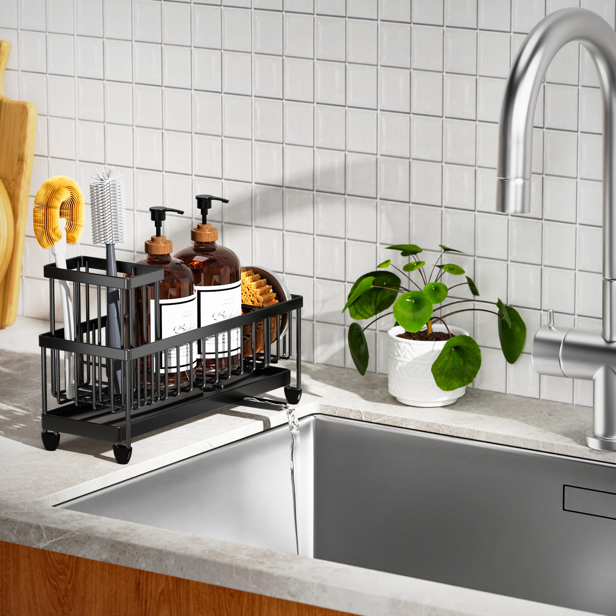 Sponge Holder for Kitchen Sink, Sink Caddy Organizer with High Brush Holder, Kitchen Countertop Organizers and Storage Essentials, Rustproof 304 Stainless Steel - Morrowden