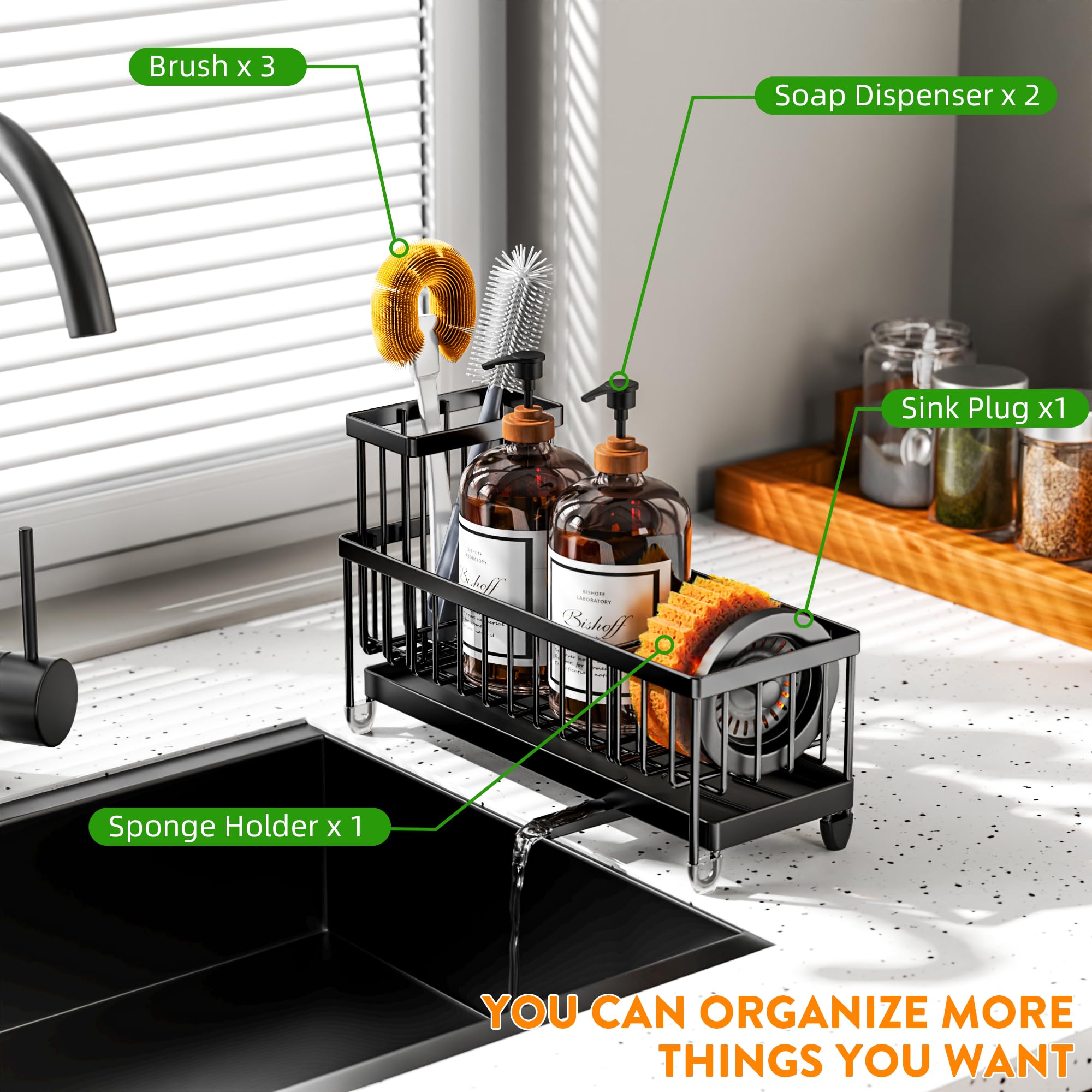 Sponge Holder for Kitchen Sink, Sink Caddy Organizer with High Brush Holder, Kitchen Countertop Organizers and Storage Essentials, Rustproof 304 Stainless Steel - Morrowden