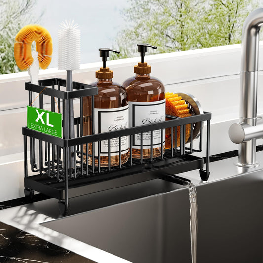 Sponge Holder for Kitchen Sink, Sink Caddy Organizer with High Brush Holder, Kitchen Countertop Organizers and Storage Essentials, Rustproof 304 Stainless Steel - Morrowden