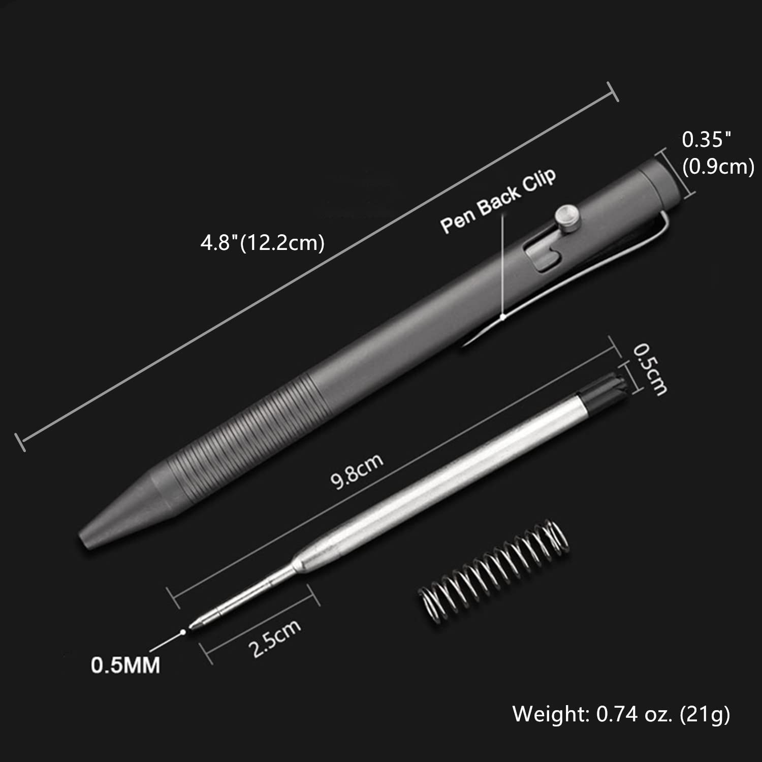 Titanium Alloy Bolt Action Pen, Ballpoint Ink Refillable, Stainless Steel Pocket Clip EDC Business Collection Stylus, with 3 Refills, Gray - Morrowden