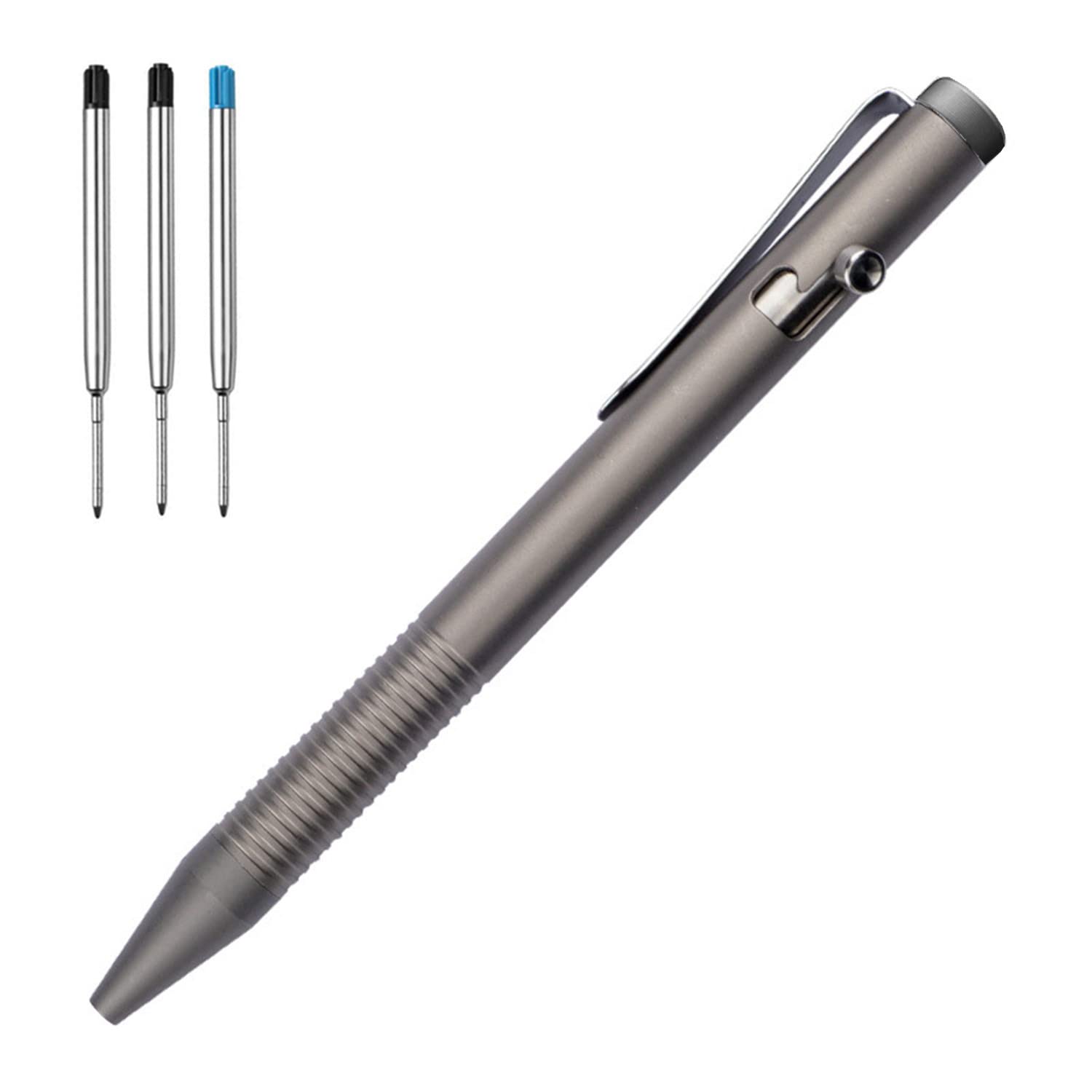 Titanium Alloy Bolt Action Pen, Ballpoint Ink Refillable, Stainless Steel Pocket Clip EDC Business Collection Stylus, with 3 Refills, Gray - Morrowden