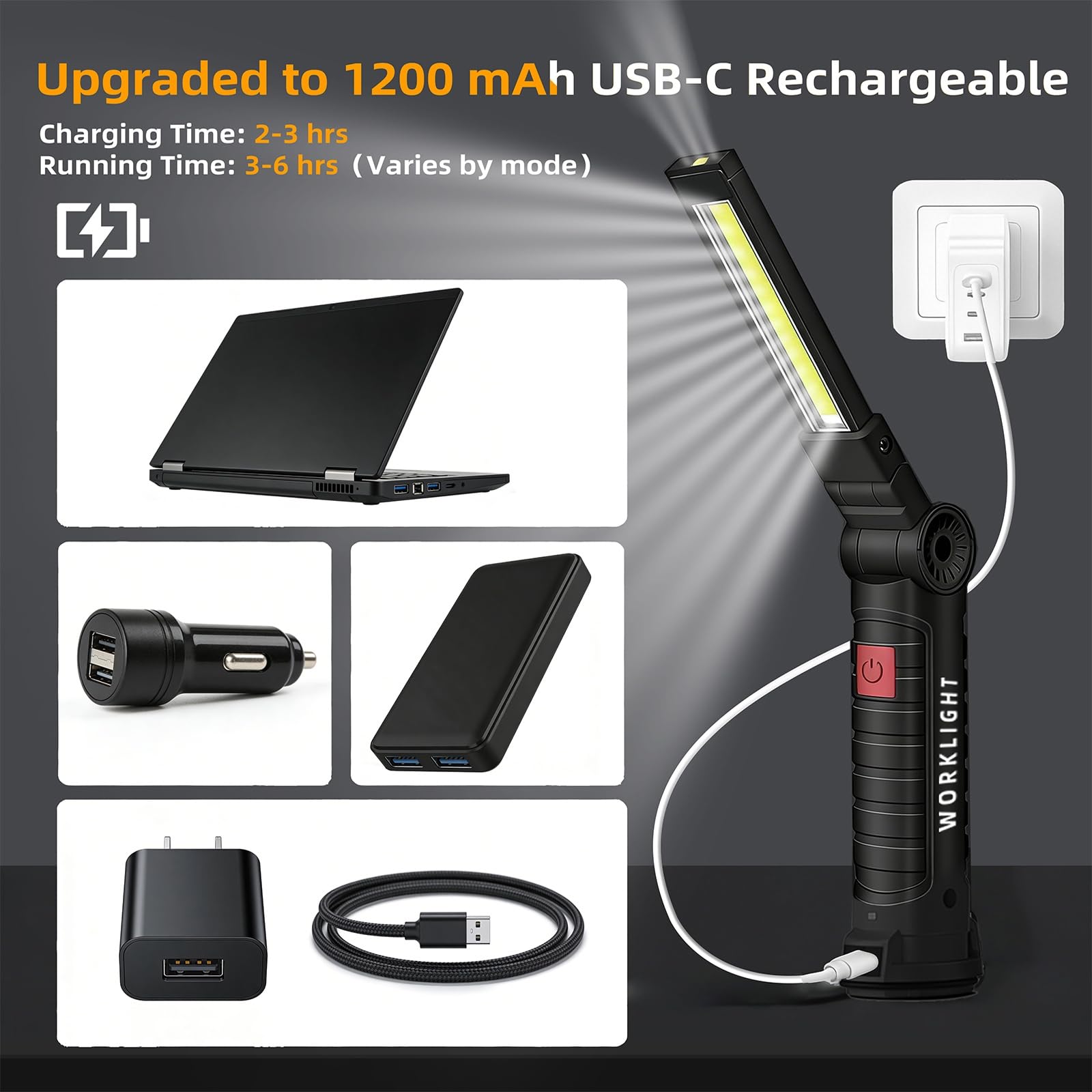 Tool Gifts for Men/Husband, LED Rechargeable Work Light, Magnetic Base & Hook, 5 Modes 360° Rotatable Inspection Flashlight for Mechanic, Grill, Car Repair & Emergency - Morrowden
