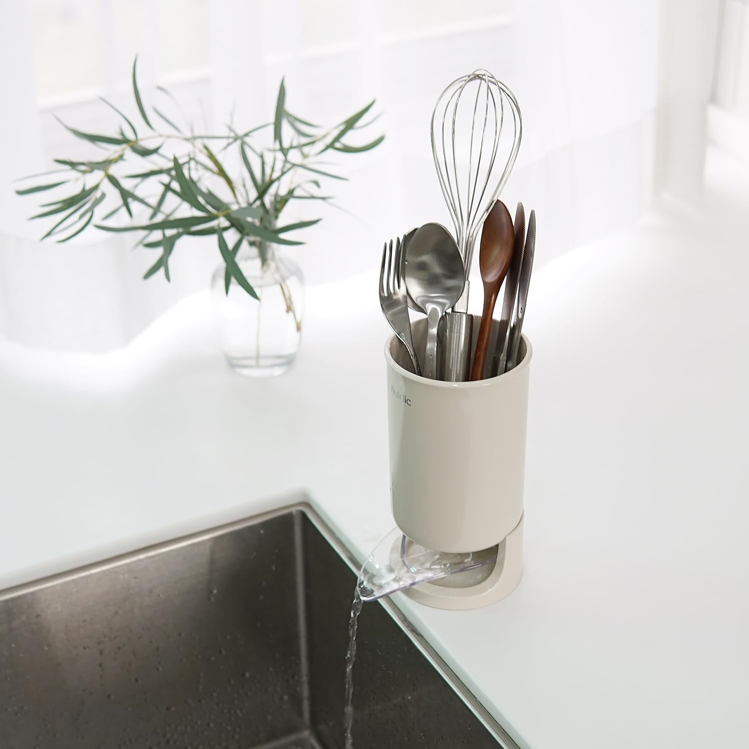 Utensil Drying Holder for Kitchen Counter, Self Draining, Small Utensil Cutlery Flatware Silverware Holder Drainer Cup - Morrowden