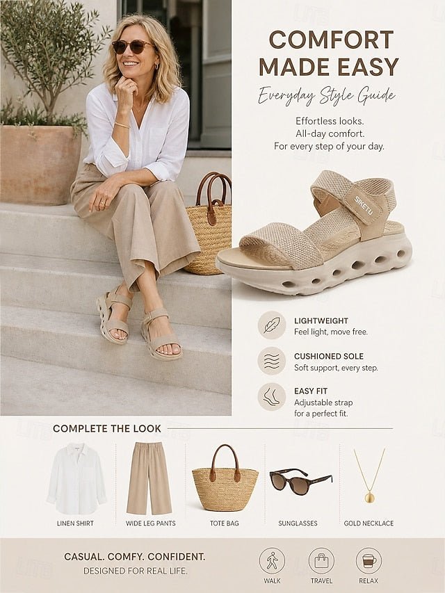 Women's Almond Arch Support Sport Sandals - Lightweight Magic Tape Walking Sandals with Cushioned Shock-Absorbing Sole, Summer Sandals for Travel, Summer Walking and All-Day Comfort - Morrowden
