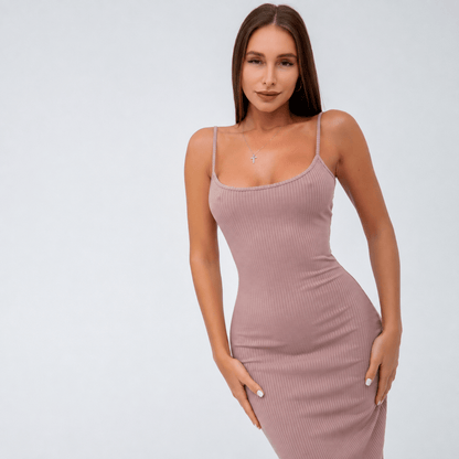Women's Solid Ribbed Backless Dress – Sleeveless Round Neck Tie-Back Bodycon Dress - Morrowden