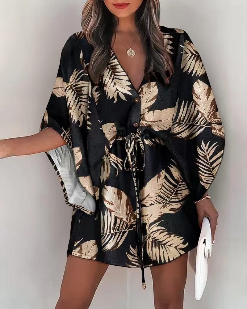 Women's V Neck Batwing Sleeve Resort Dress - Casual Floral Summer Beach Dress for Vacation - Morrowden