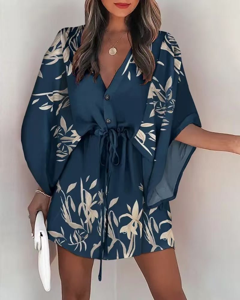 Women's V Neck Batwing Sleeve Resort Dress - Casual Floral Summer Beach Dress for Vacation - Morrowden