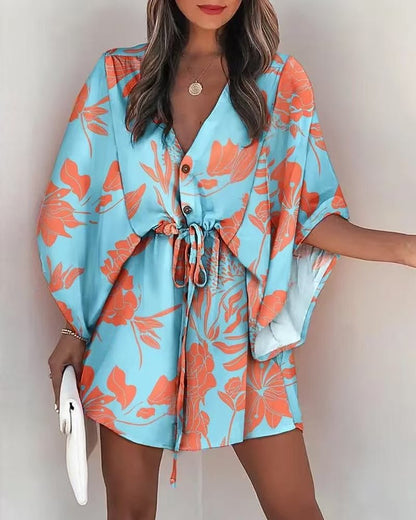 Women's V Neck Batwing Sleeve Resort Dress - Casual Floral Summer Beach Dress for Vacation - Morrowden