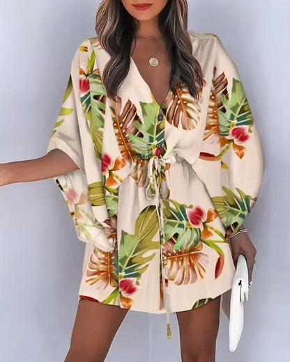 Women's V Neck Batwing Sleeve Resort Dress - Casual Floral Summer Beach Dress for Vacation - Morrowden