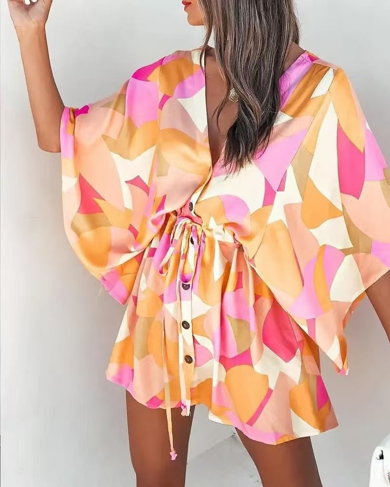 Women's V Neck Batwing Sleeve Resort Dress - Casual Floral Summer Beach Dress for Vacation - Morrowden