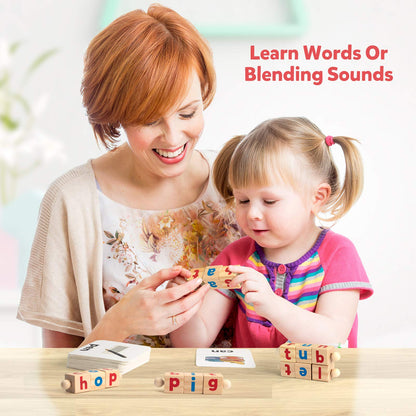 Wooden Reading Blocks Short Vowel Rod Spelling Game, Flash Cards Rotating Letter Puzzle for Kids, Sight Words Montessori Spinning Alphabet Learning Toy for Preschool Boys & Girls - Morrowden