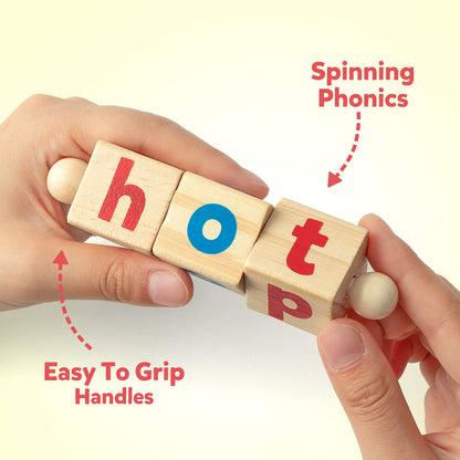 Wooden Reading Blocks Short Vowel Rod Spelling Game, Flash Cards Rotating Letter Puzzle for Kids, Sight Words Montessori Spinning Alphabet Learning Toy for Preschool Boys & Girls - Morrowden