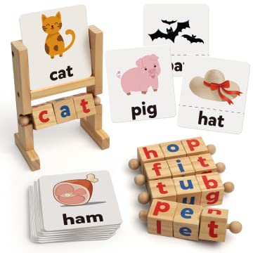 Wooden Reading Blocks Short Vowel Rod Spelling Game, Flash Cards Rotating Letter Puzzle for Kids, Sight Words Montessori Spinning Alphabet Learning Toy for Preschool Boys & Girls - Morrowden
