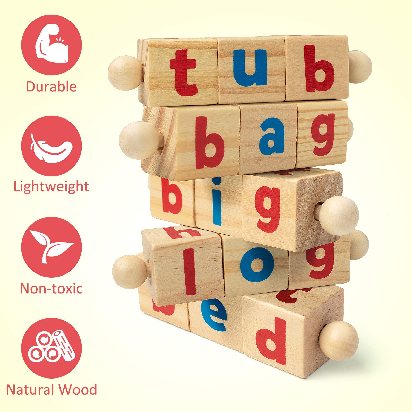 Wooden Reading Blocks Short Vowel Rod Spelling Game, Flash Cards Rotating Letter Puzzle for Kids, Sight Words Montessori Spinning Alphabet Learning Toy for Preschool Boys & Girls - Morrowden