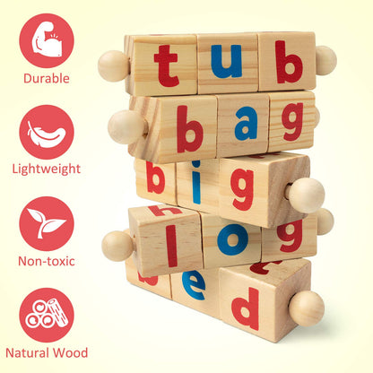 Wooden Reading Blocks Short Vowel Rod Spelling Game, Flash Cards Rotating Letter Puzzle for Kids, Sight Words Montessori Spinning Alphabet Learning Toy for Preschool Boys & Girls - Morrowden