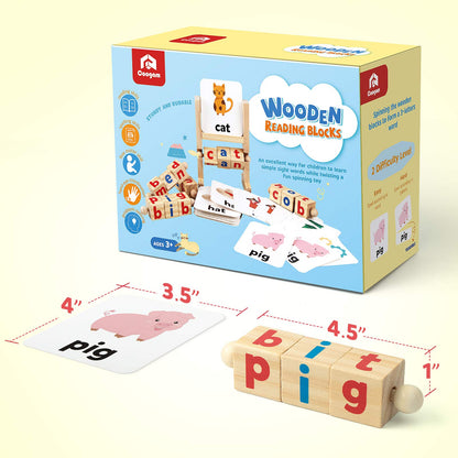 Wooden Reading Blocks Short Vowel Rod Spelling Game, Flash Cards Rotating Letter Puzzle for Kids, Sight Words Montessori Spinning Alphabet Learning Toy for Preschool Boys & Girls - Morrowden